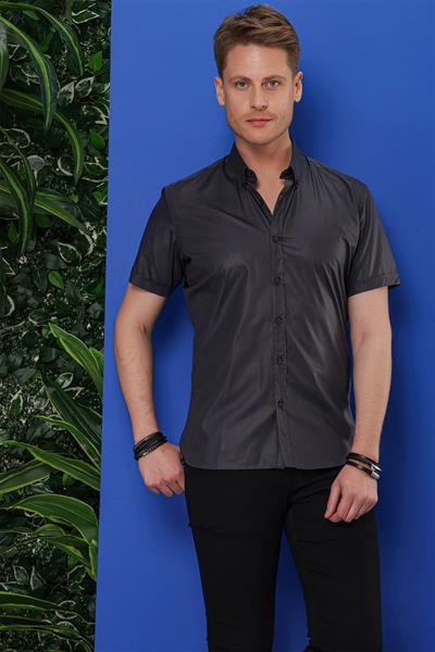 Slim Fit Düğmeli Yaka %100 Pamuk Kısa Kollulu Antrasit Gömlek GK 684