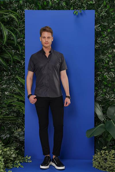 Slim Fit Düğmeli Yaka %100 Pamuk Kısa Kollulu Antrasit Gömlek GK 684