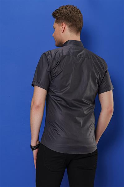 Slim Fit Düğmeli Yaka %100 Pamuk Kısa Kollulu Antrasit Gömlek GK 684
