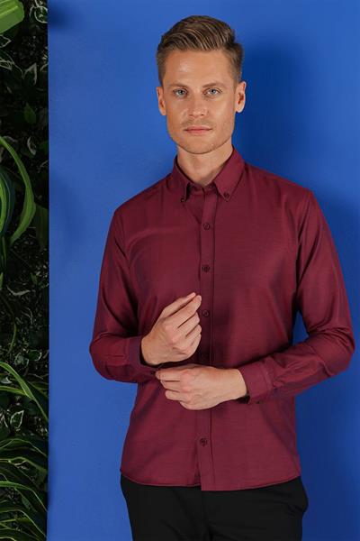Slim Fit %100 Pamuk Düğmeli Yaka Oxfort Bordo Gömlek GK 685