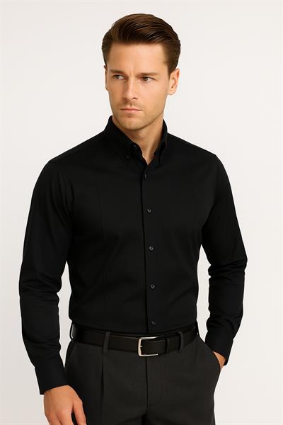 Slim Fit Önden Pensli Düğmeli Yaka Siyah Uzun Kollu Gömlek GK 691