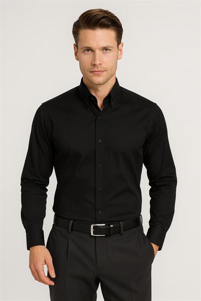 Slim Fit Önden Pensli Düğmeli Yaka Siyah Uzun Kollu Gömlek GK 691
