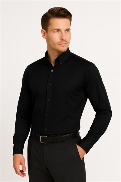 Slim Fit Önden Pensli Düğmeli Yaka Siyah Uzun Kollu Gömlek GK 691