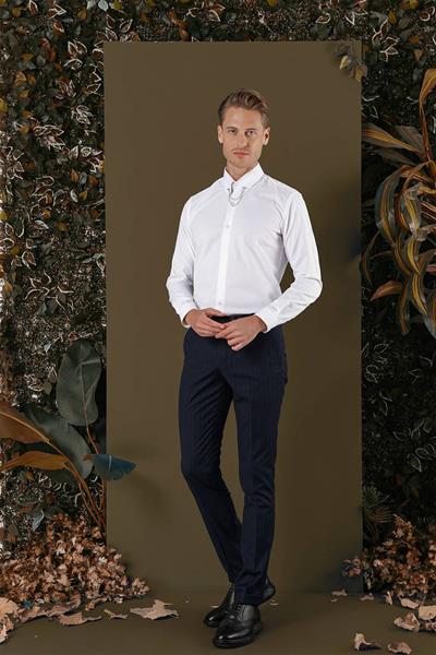 Slim Fit %100 Pamuk Pitikare Dokulu Kravat Yaka Beyaz Gömlek GK 702