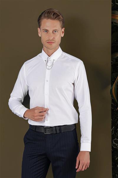 Slim Fit %100 Pamuk Pitikare Dokulu Kravat Yaka Beyaz Gömlek GK 702