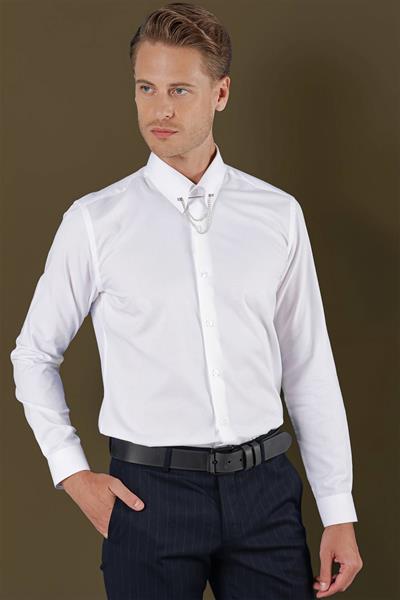 Slim Fit %100 Pamuk Pitikare Dokulu Kravat Yaka Beyaz Gömlek GK 702