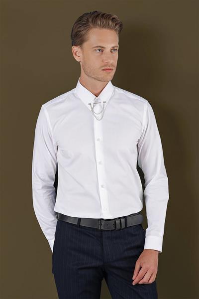 Slim Fit %100 Pamuk Pitikare Dokulu Kravat Yaka Beyaz Gömlek GK 702