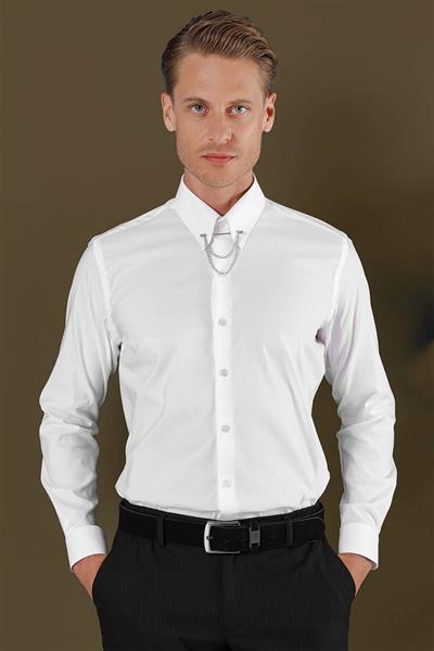 Slim Fit Yaka Zincirli %100 Pamuk Düz Beyaz Gömlek GK 703