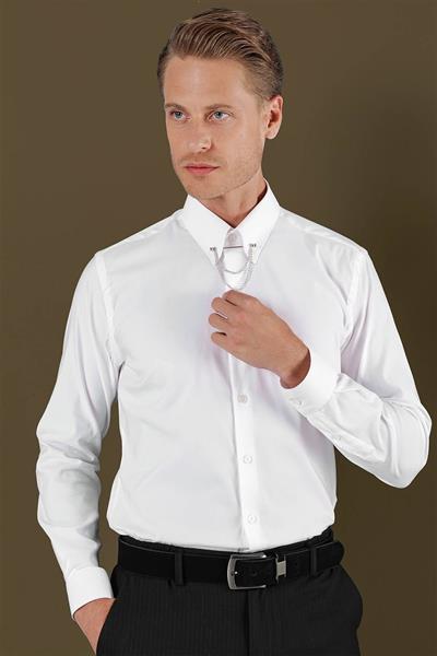Slim Fit Yaka Zincirli %100 Pamuk Düz Beyaz Gömlek GK 703