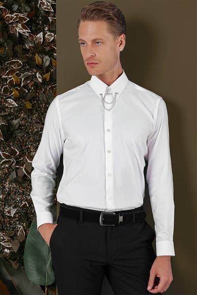 Slim Fit Yaka Zincirli %100 Pamuk Düz Beyaz Gömlek GK 703