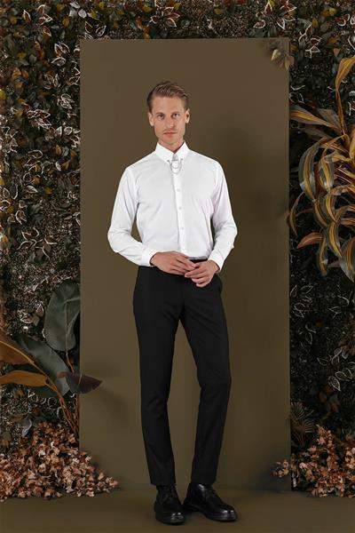 Slim Fit Yaka Zincirli %100 Pamuk Düz Beyaz Gömlek GK 703