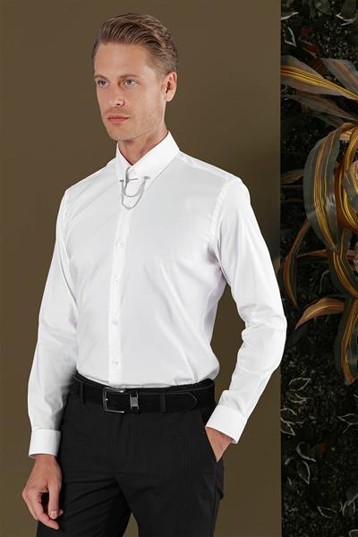 Slim Fit Yaka Zincirli %100 Pamuk Düz Beyaz Gömlek GK 703