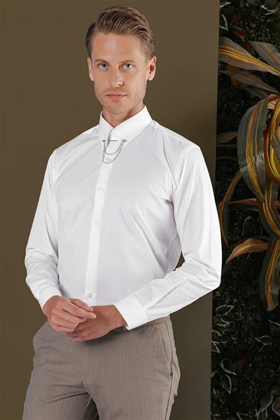 Slim Fit Yaka Zincirli %100 Pamuk Düz Beyaz Gömlek GK 704