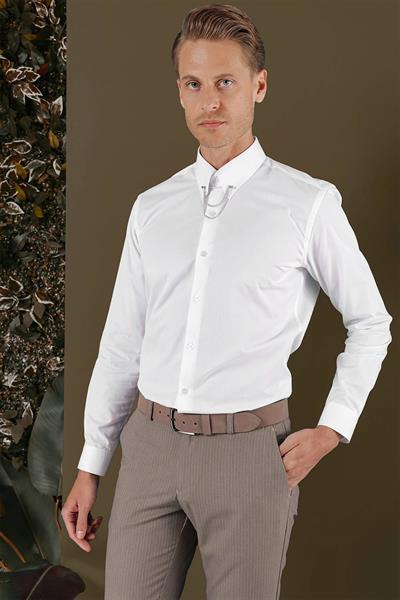 Slim Fit Yaka Zincirli %100 Pamuk Düz Beyaz Gömlek GK 704