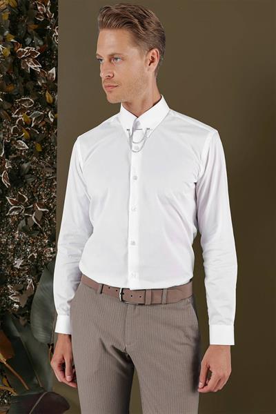 Slim Fit Yaka Zincirli %100 Pamuk Düz Beyaz Gömlek GK 704