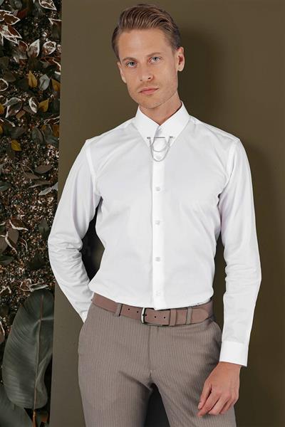 Slim Fit Yaka Zincirli %100 Pamuk Düz Beyaz Gömlek GK 704