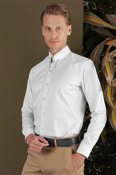 Slim Fit Yaka Zincirli %100 Pamuk Düz Mavi Gömlek GK 704