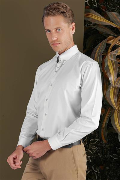 Slim Fit Yaka Zincirli %100 Pamuk Düz Mavi Gömlek GK 704