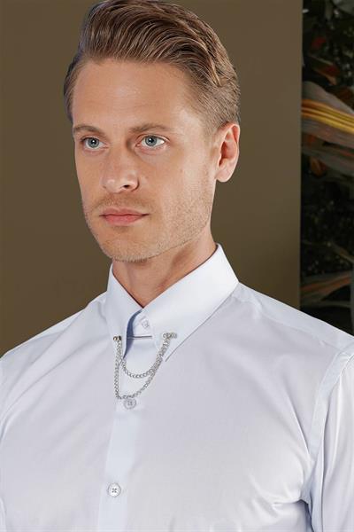Slim Fit Yaka Zincirli %100 Pamuk Düz Mavi Gömlek GK 704