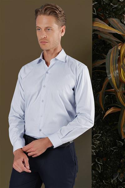Slim Fit Kravat Yaka %100 Pamuk Dokulu Mavi Gömlek GK 705