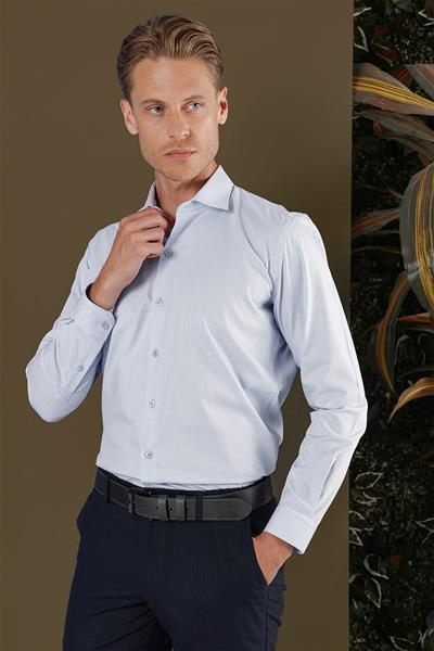 Slim Fit Kravat Yaka %100 Pamuk Dokulu Mavi Gömlek GK 705