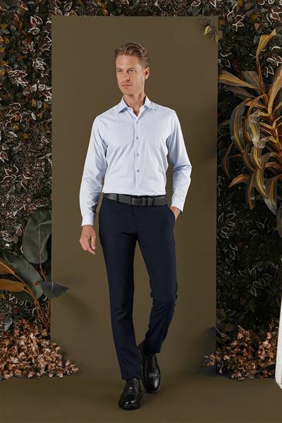 Slim Fit Kravat Yaka %100 Pamuk Dokulu Mavi Gömlek GK 705