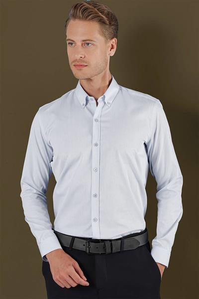 Slim Fit Dokulu %100 Pamuk Yaka Düğmeli Mavi Gömlek GK 706