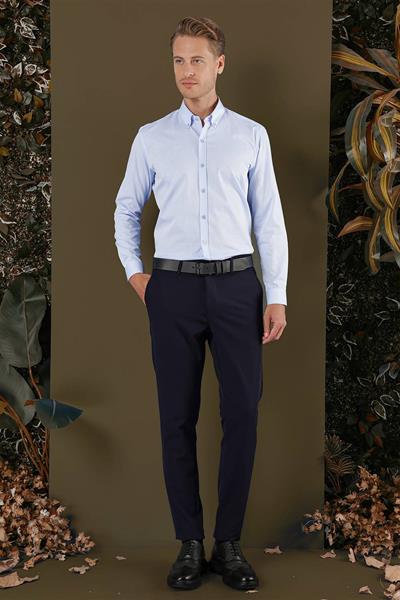 Slim Fit Dokulu %100 Pamuk Yaka Düğmeli Mavi Gömlek GK 706