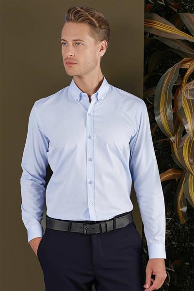 Slim Fit Dokulu %100 Pamuk Yaka Düğmeli Mavi Gömlek GK 706