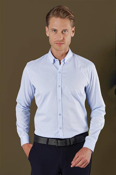 Slim Fit Dokulu %100 Pamuk Yaka Düğmeli Mavi Gömlek GK 706