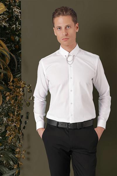 Slim Fit Yaka Zincirli %100 Pamuk Düz Beyaz Gömlek GK 707