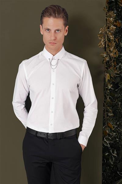Slim Fit Yaka Zincirli %100 Pamuk Düz Beyaz Gömlek GK 707