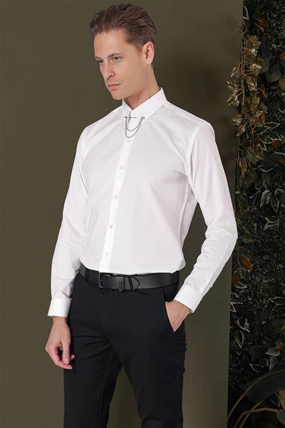 Slim Fit Yaka Zincirli %100 Pamuk Düz Beyaz Gömlek GK 707
