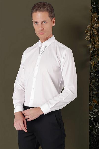 Slim Fit Yaka Zincirli %100 Pamuk Düz Beyaz Gömlek GK 707
