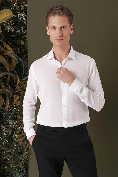 Slim Fit %100 Pamuk Kravat Yaka Düz Beyaz 1 Gömlek GK 709