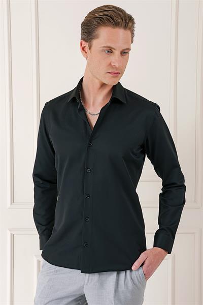 Gk 718 Slim Fit Dokulu Pamuklu Klasik Siyah Gömlek