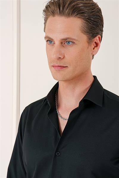 Gk 718 Slim Fit Dokulu Pamuklu Klasik Siyah Gömlek