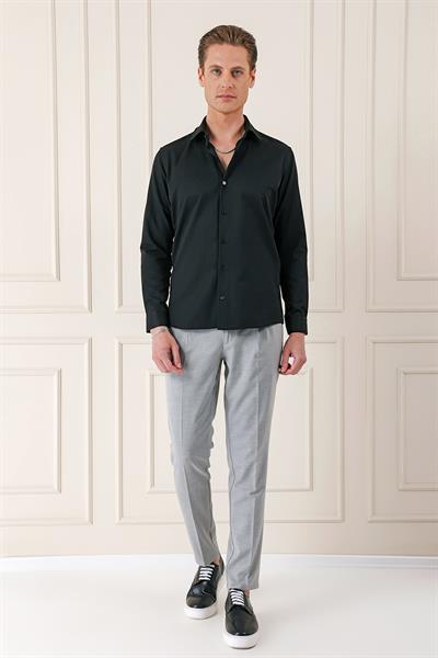 Gk 718 Slim Fit Dokulu Pamuklu Klasik Siyah Gömlek