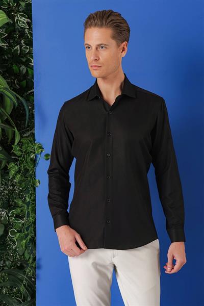 Slim Fit Kravat Yaka Pamuklu Dokulu Siyah Gömlek GK 719