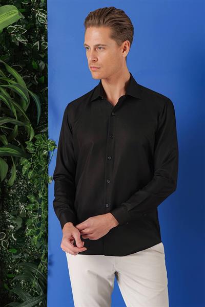 Slim Fit Kravat Yaka Pamuklu Dokulu Siyah Gömlek GK 719