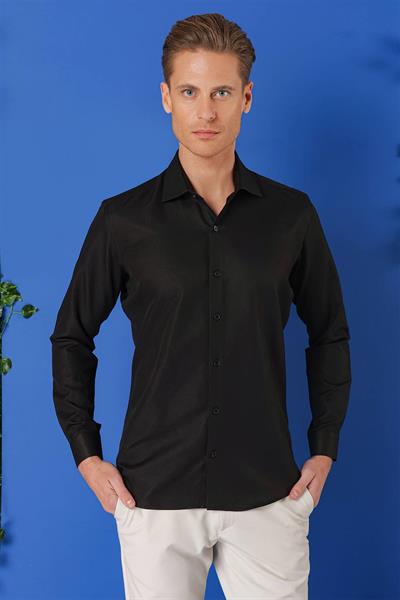 Slim Fit Kravat Yaka Pamuklu Dokulu Siyah Gömlek GK 719
