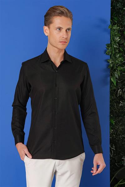 Slim Fit Kravat Yaka Pamuklu Dokulu Siyah Gömlek GK 719
