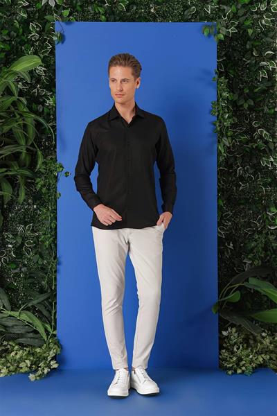 Slim Fit Kravat Yaka Pamuklu Dokulu Siyah Gömlek GK 719