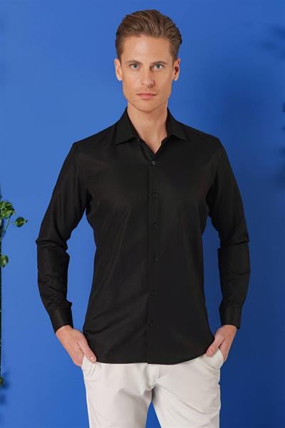Gk 719 Slim Fit Dokulu Pamuklu Klasik Siyah Gömlek