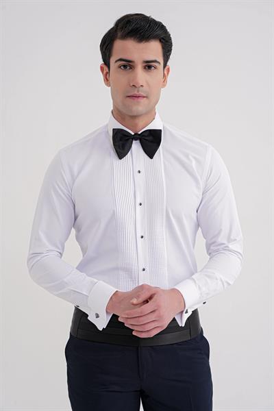 Slim Fit Erkek Yaka Önü Pliseli Beyaz Smokin Gömlek GK 730