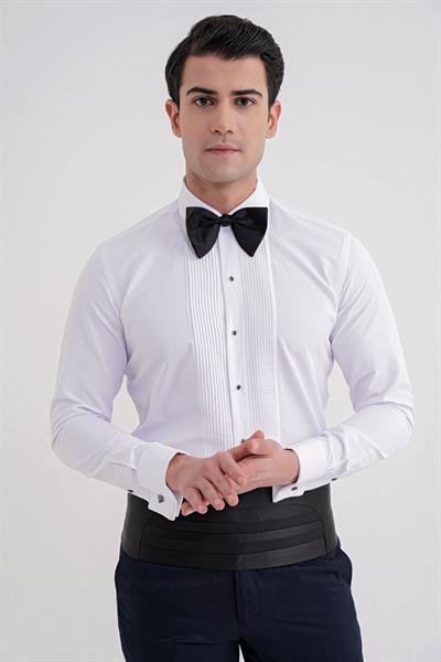 Slim Fit Erkek Yaka Önü Pliseli Beyaz Smokin Gömlek GK 730