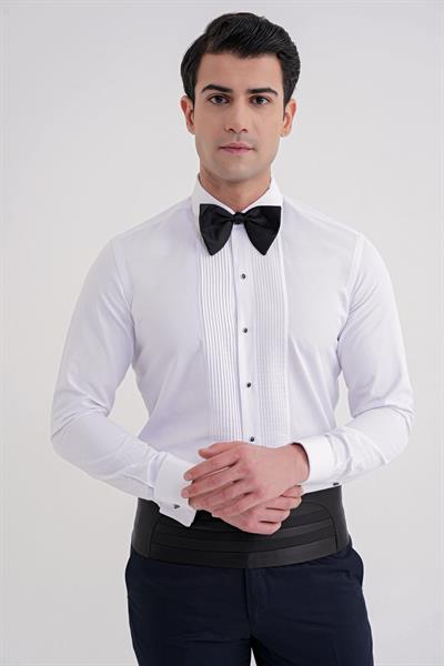 Slim Fit Erkek Yaka Önü Pliseli Beyaz Smokin Gömlek GK 730