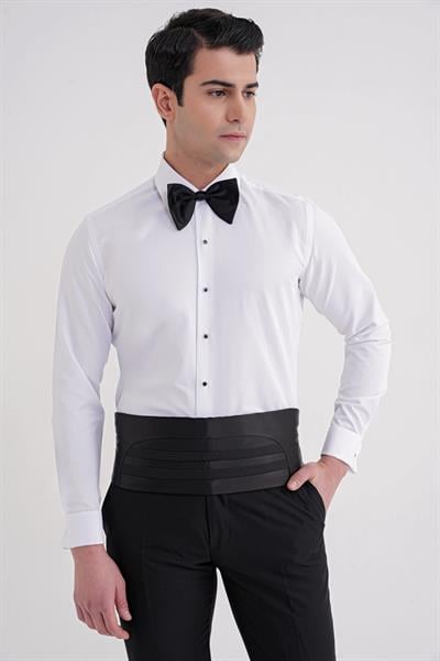 Slim Fit Erkek Yaka Duble Manşet Değişebilir Düğmeli Beyaz Smokin Gömlek GK 731