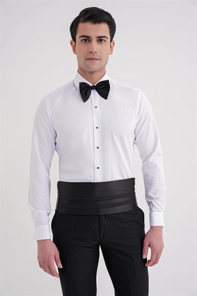 Slim Fit Erkek Yaka Duble Manşet Değişebilir Düğmeli Beyaz Smokin Gömlek GK 731