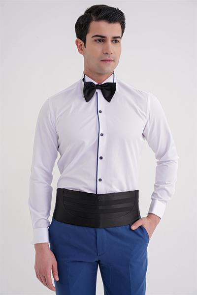 Slim Fit Önü Lacivert Biyeli Ata Yaka Beyaz Smokin Gömlek GK 733